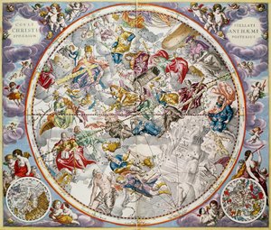 Mapa das constelações cristãs como descrito por Julius Schiller, do atlas do atlas celestial, ou da harmonia do universo (Atlas coelestis seu harmonia macrocosmica). por Joannes Janssonius, A